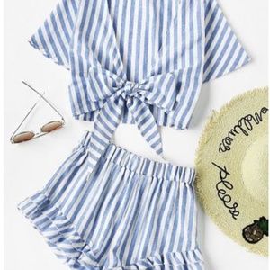 Nautical Blue & White Ruffle Striped Two Piece SHEIN Boho Set